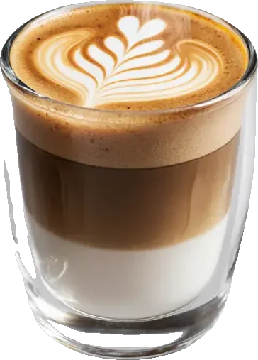 Layered latte in a glass with rosetta latte art