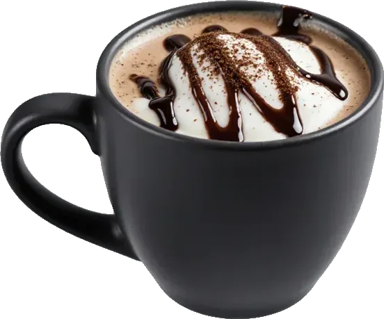 Mocha in a charcoal cup with chocolate drizzle